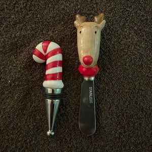 Candy cane wine topper and reindeer cheese server set